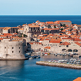 Castle and buildings with reddish roofs surrounded by the sea