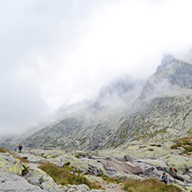 Montaña, camino y abundante niebla